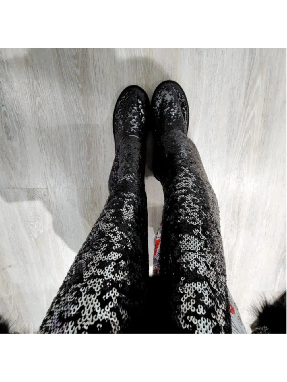 Sequin Snow Boots Womens 8 Black Over The Knee Faux Fur Wedge Winter Party